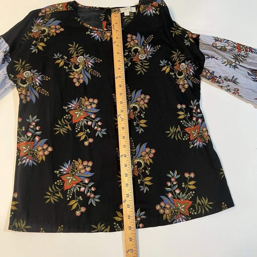 LOFT Womens Black‎ Floral Cotton Puff Sleeve Button Back Blouse Top Small